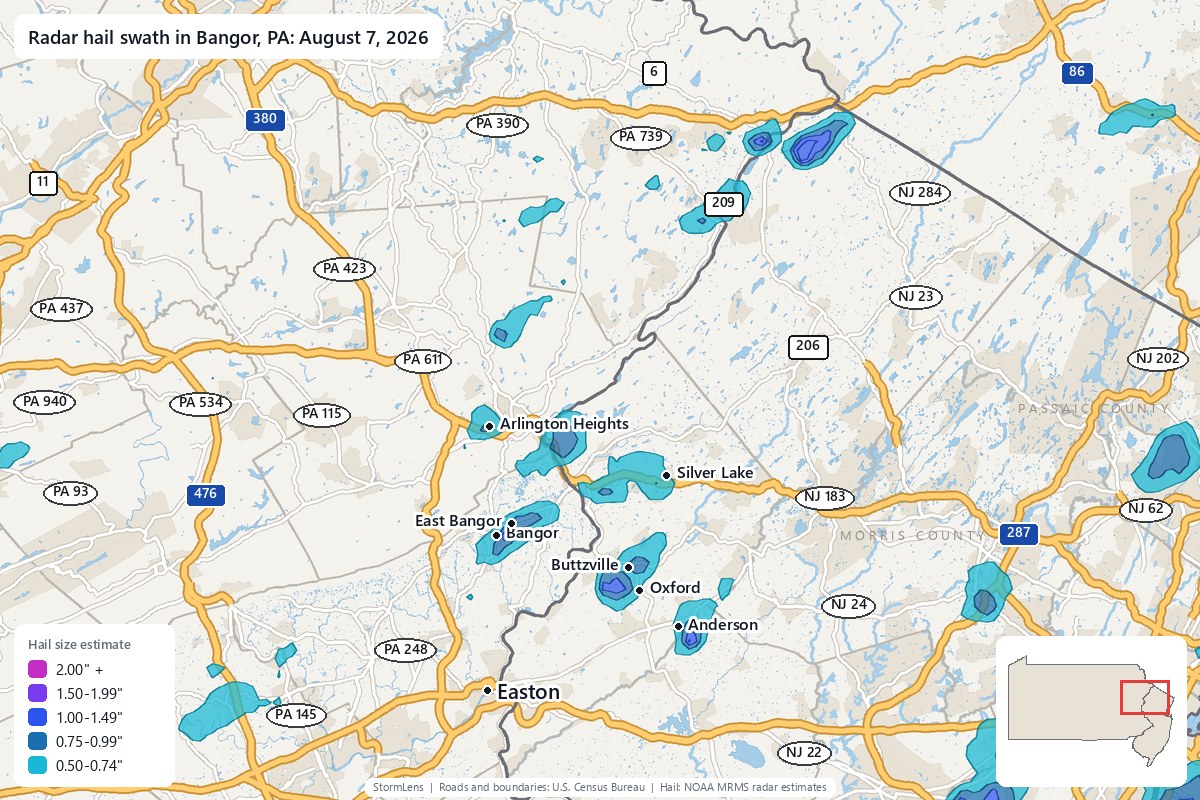 Radar-estimated hail swath in Bangor, PA on August 7, 2026; colors show estimated hail sizes
