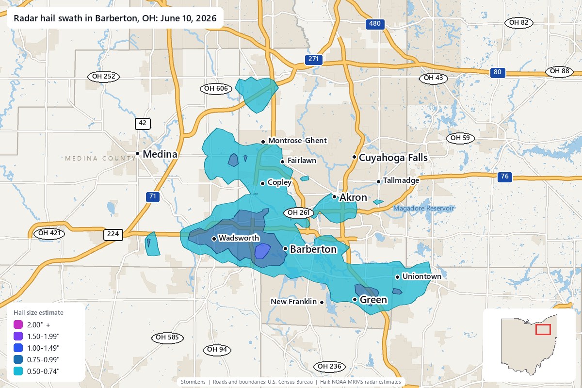 Radar-estimated hail swath in Barberton, OH on June 10, 2026; colors show estimated hail sizes