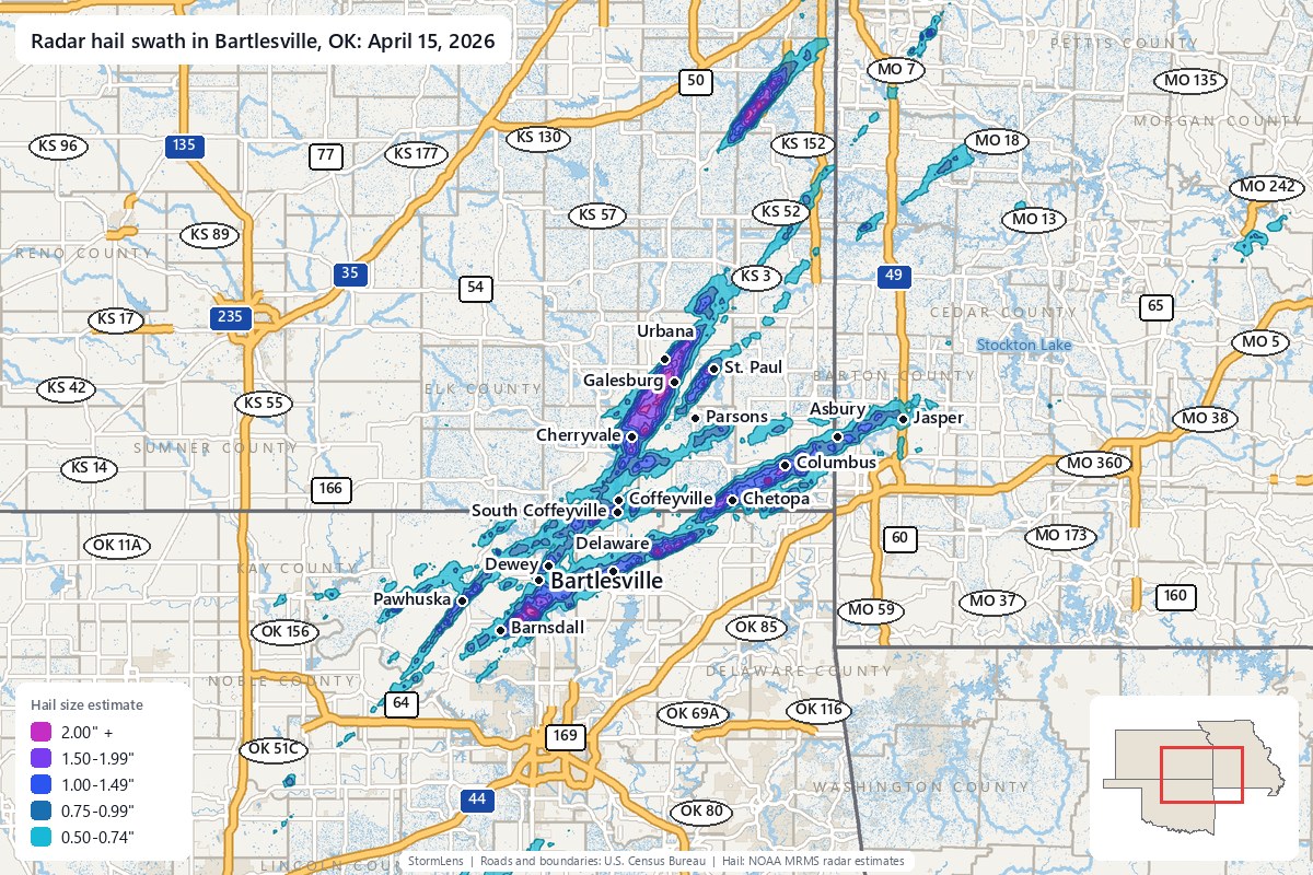 Radar-estimated hail swath in Bartlesville, OK on April 15, 2026; colors show estimated hail sizes