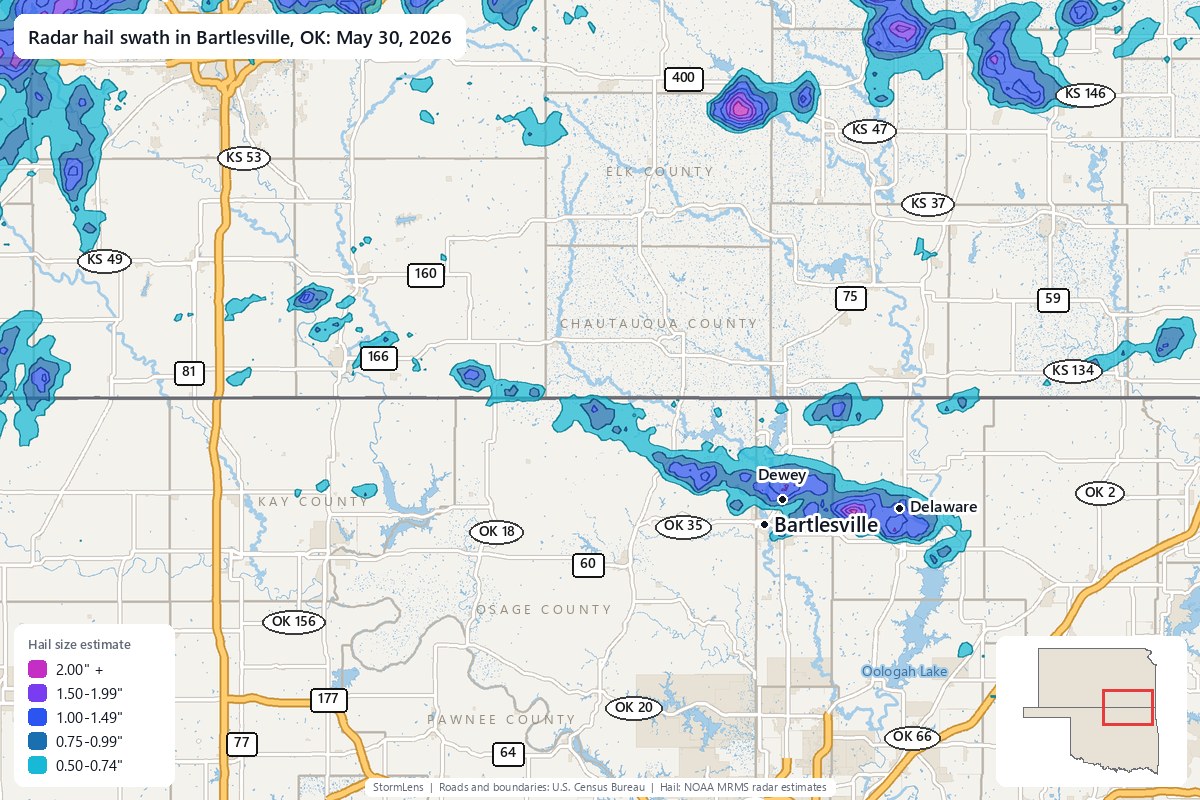 Radar-estimated hail swath in Bartlesville, OK on May 30, 2026; colors show estimated hail sizes