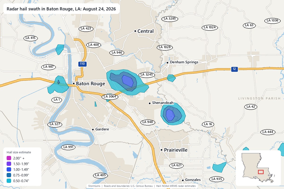 Radar-estimated hail swath in Baton Rouge, LA on August 24, 2026; colors show estimated hail sizes