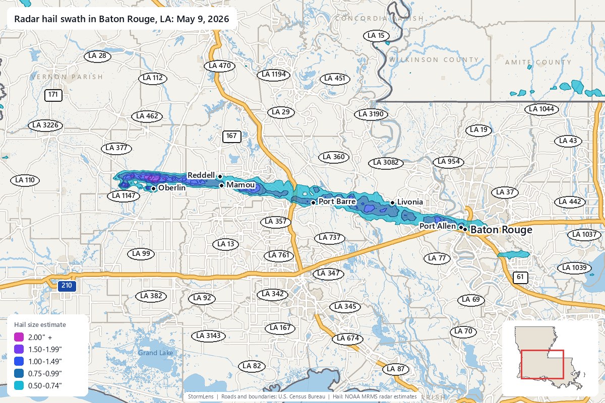 Radar-estimated hail swath in Baton Rouge, LA on May 9, 2026; colors show estimated hail sizes