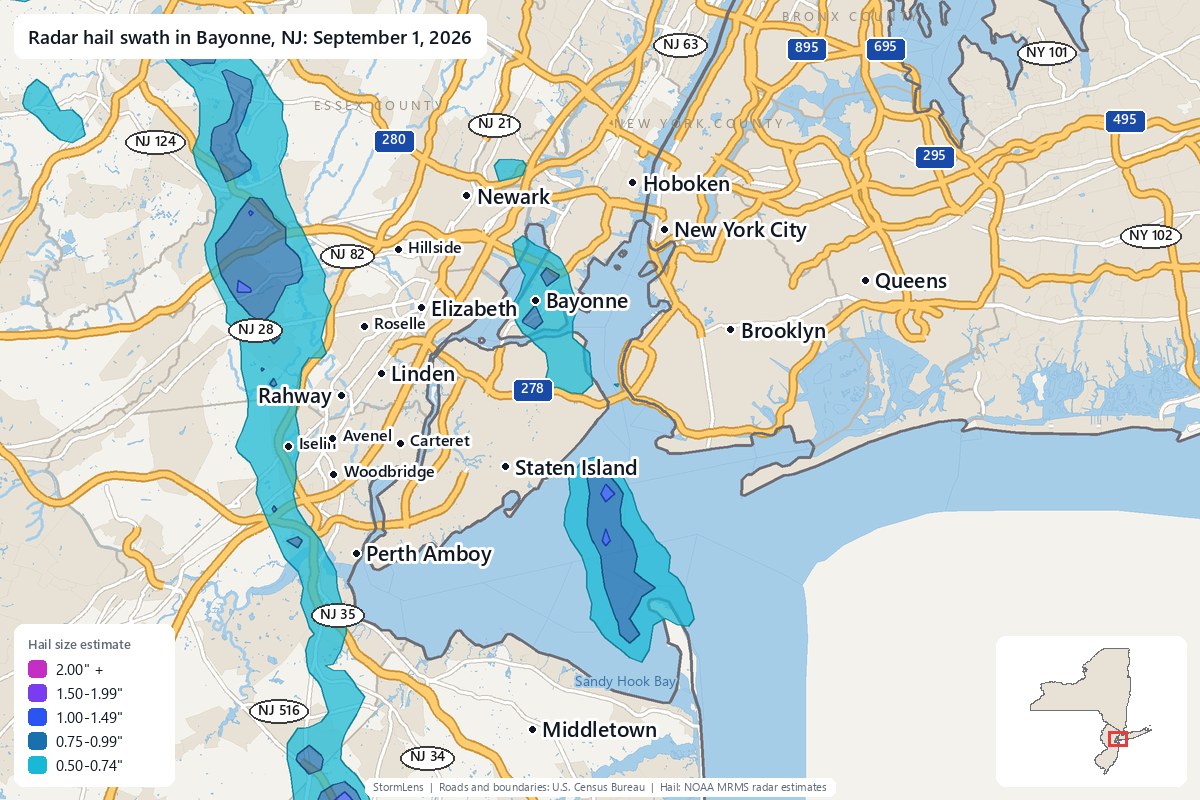 Radar-estimated hail swath in Bayonne, NJ on September 1, 2026; colors show estimated hail sizes
