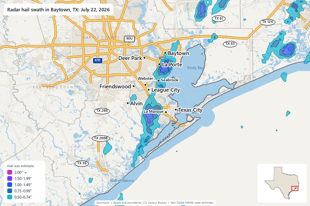 Radar-estimated hail swath in Baytown, TX on July 22, 2026; colors show estimated hail sizes