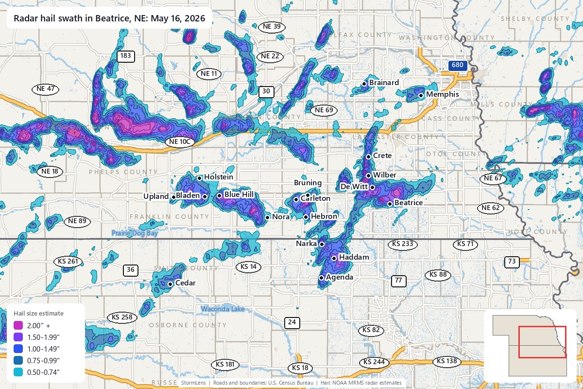 Radar-estimated hail swath in Beatrice, NE on May 16, 2026; colors show estimated hail sizes