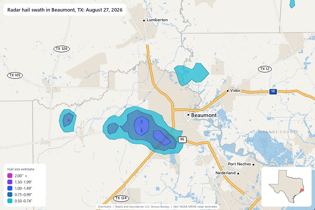 Radar-estimated hail swath in Beaumont, TX on August 27, 2026; colors show estimated hail sizes