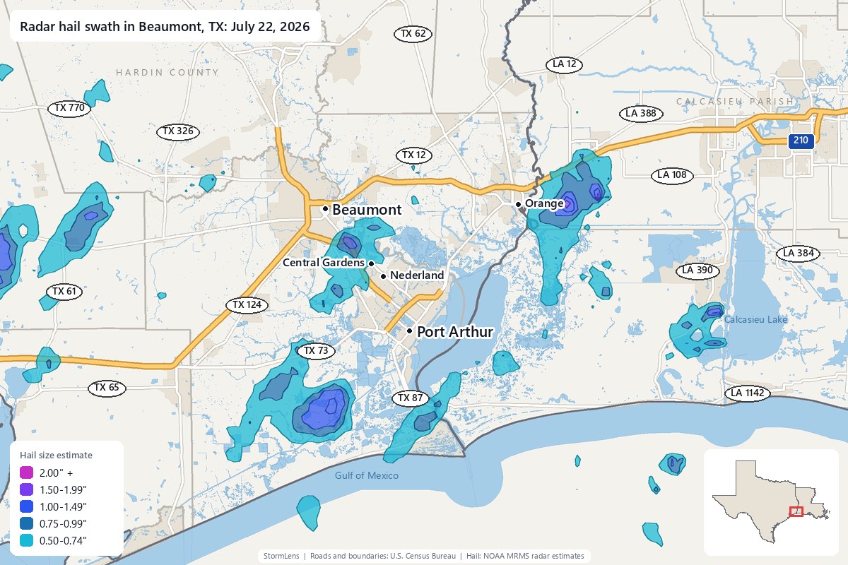 Radar-estimated hail swath in Beaumont, TX on July 22, 2026; colors show estimated hail sizes