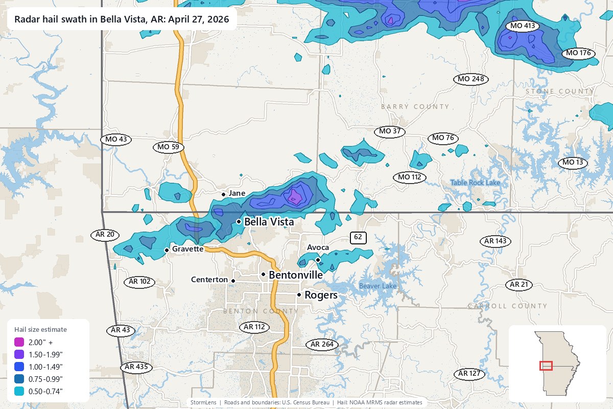 Radar-estimated hail swath in Bella Vista, AR on April 27, 2026; colors show estimated hail sizes