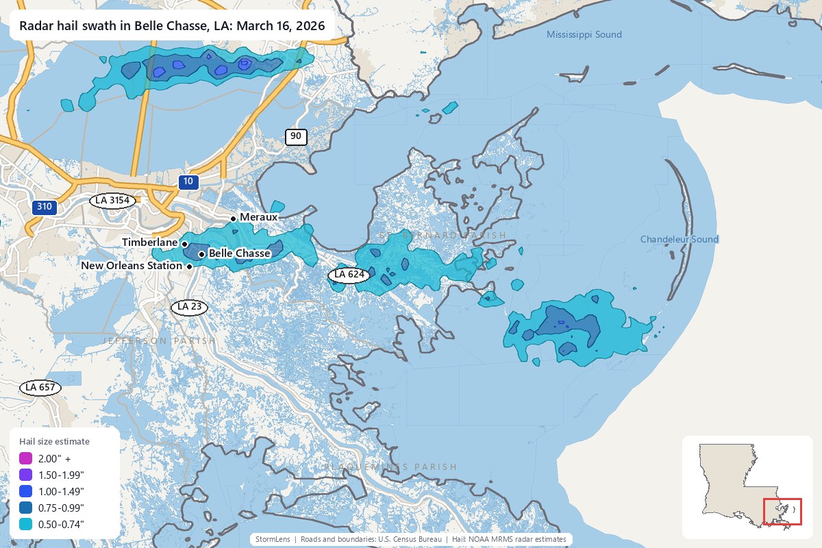 Radar-estimated hail swath in Belle Chasse, LA on March 16, 2026; colors show estimated hail sizes