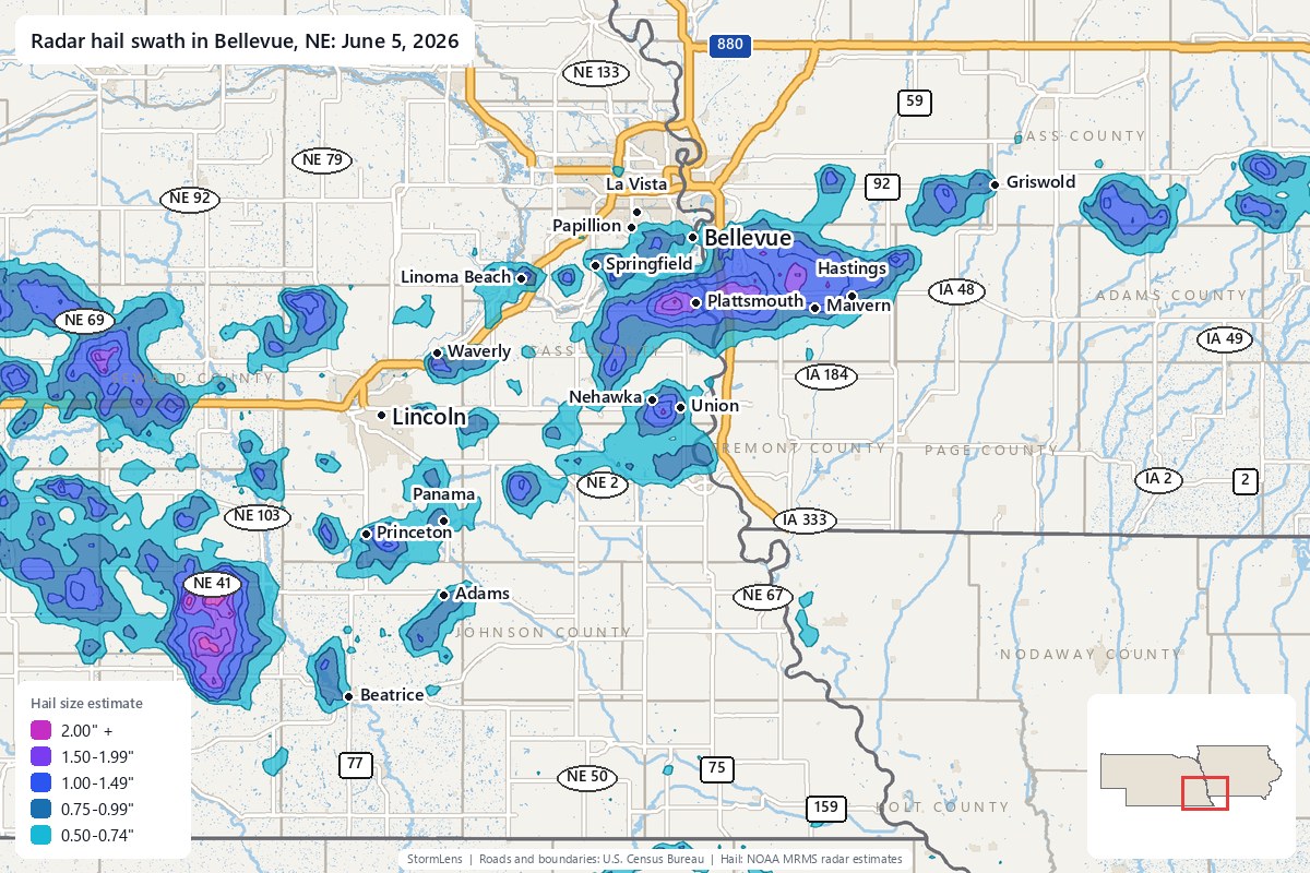 Radar-estimated hail swath in Bellevue, NE on June 5, 2026; colors show estimated hail sizes