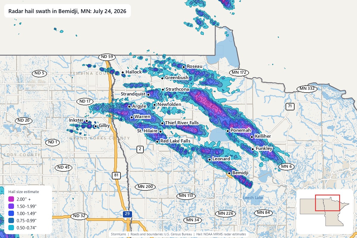 Radar-estimated hail swath in Bemidji, MN on July 24, 2026; colors show estimated hail sizes