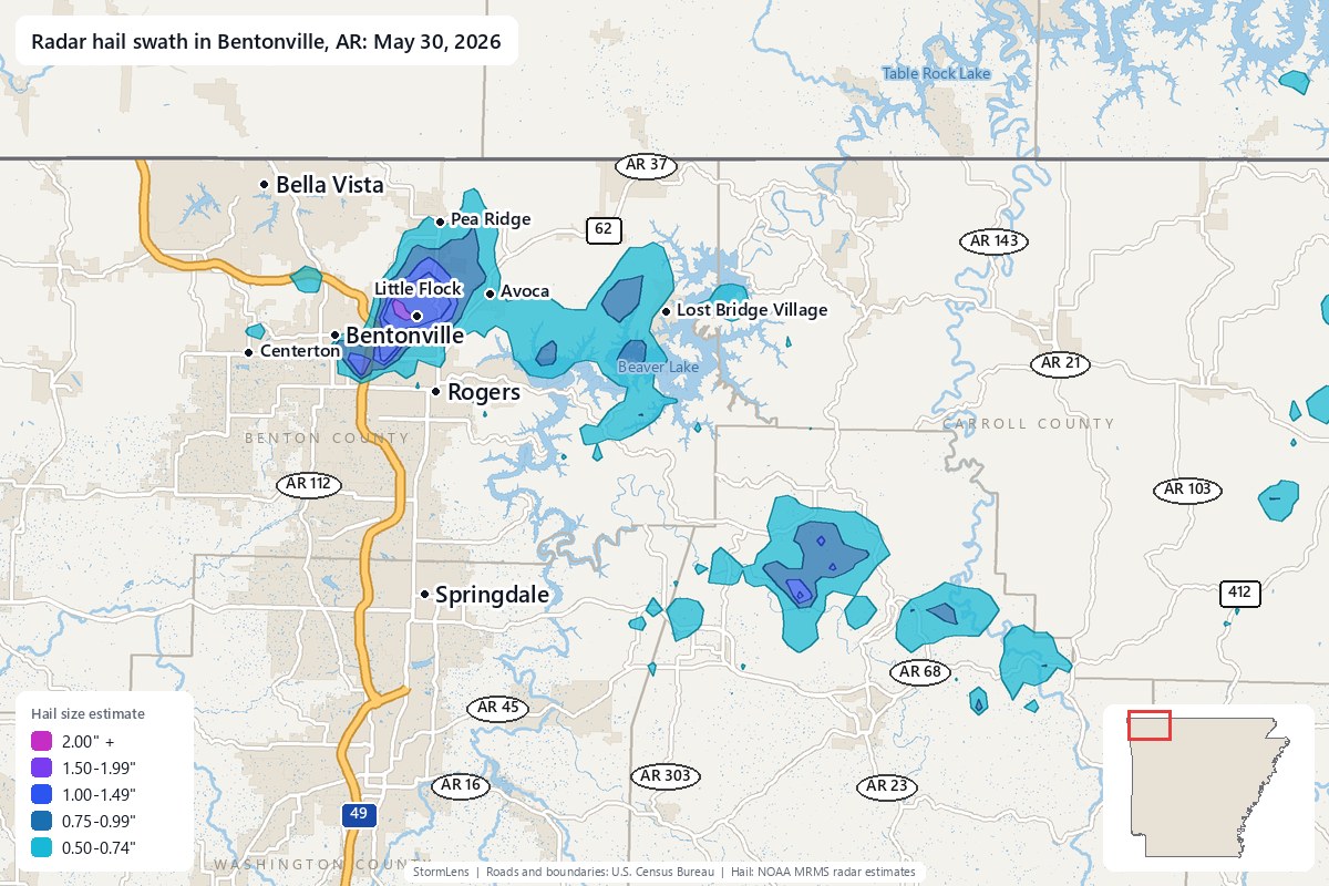 Radar-estimated hail swath in Bentonville, AR on May 30, 2026; colors show estimated hail sizes