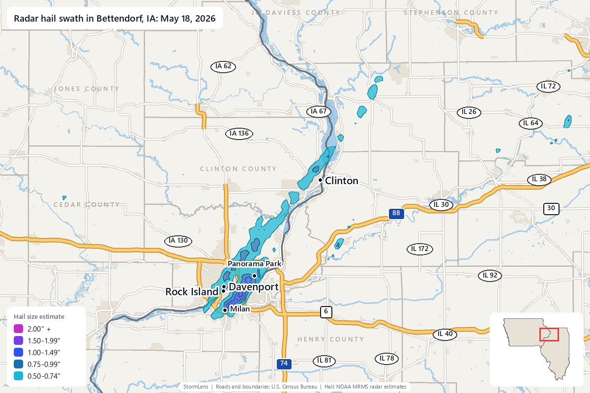 Radar-estimated hail swath in Bettendorf, IA on May 18, 2026; colors show estimated hail sizes