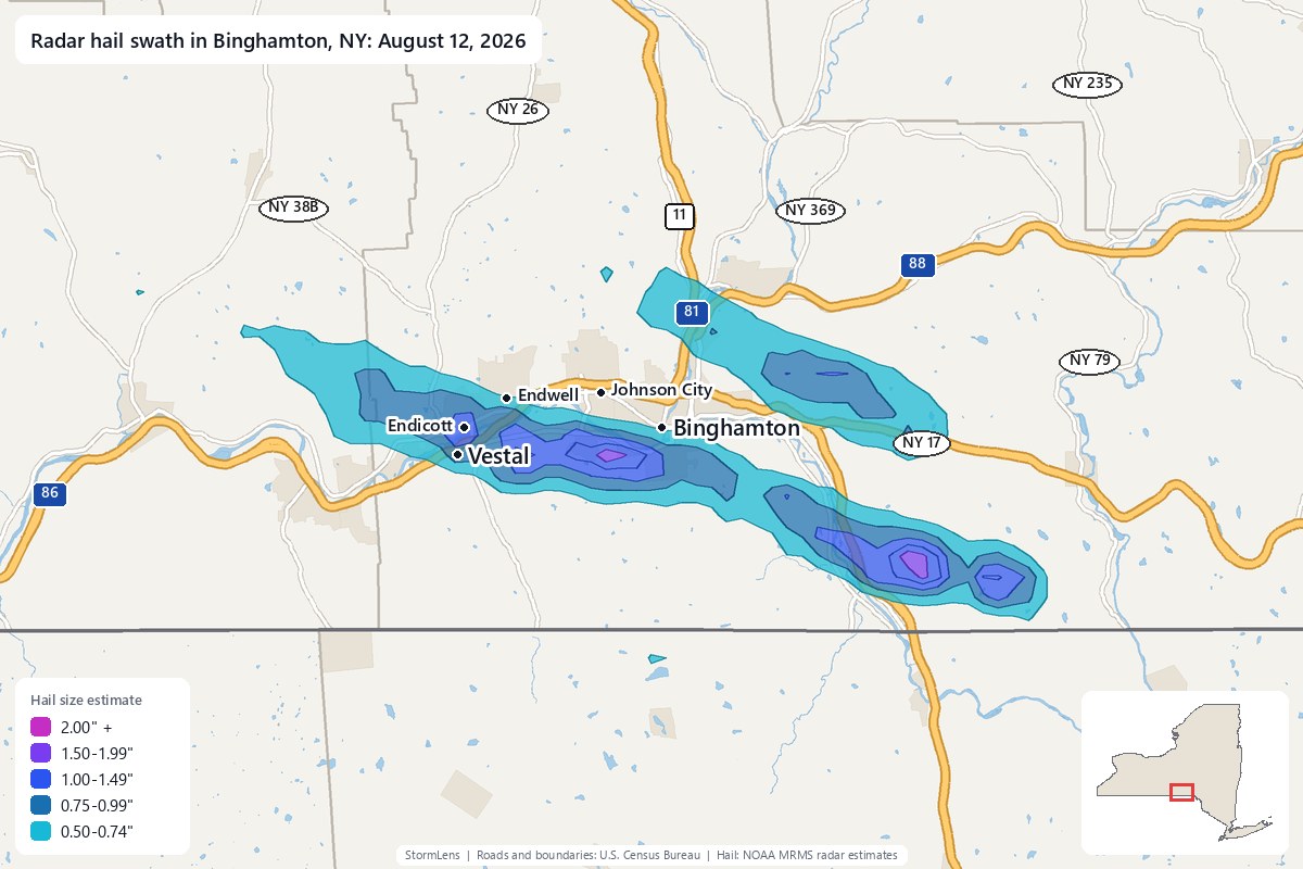 Radar-estimated hail swath in Binghamton, NY on August 12, 2026; colors show estimated hail sizes