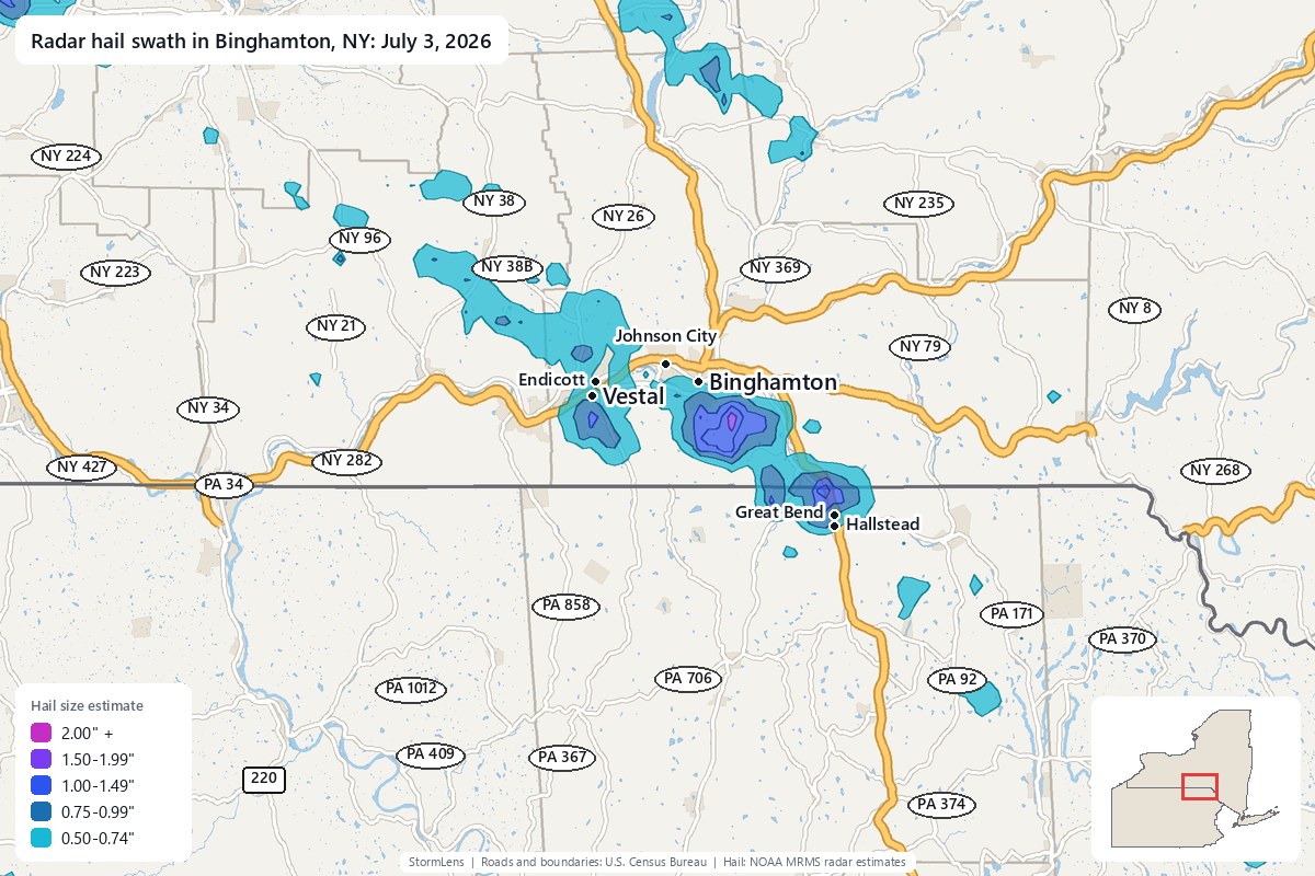 Radar-estimated hail swath in Binghamton, NY on July 3, 2026; colors show estimated hail sizes