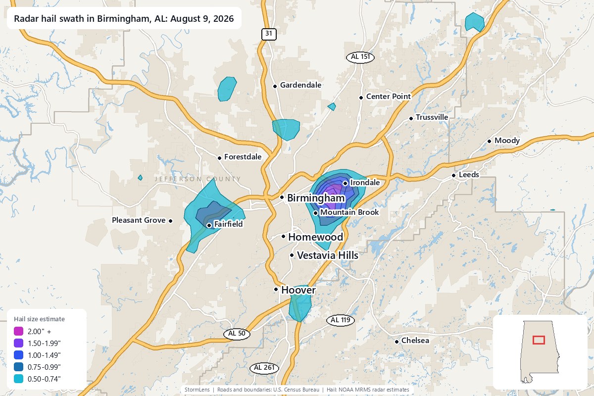Radar-estimated hail swath in Birmingham, AL on August 9, 2026; colors show estimated hail sizes