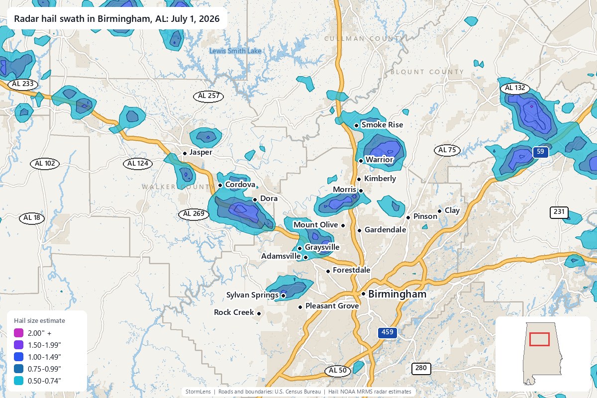 Radar-estimated hail swath in Birmingham, AL on July 1, 2026; colors show estimated hail sizes
