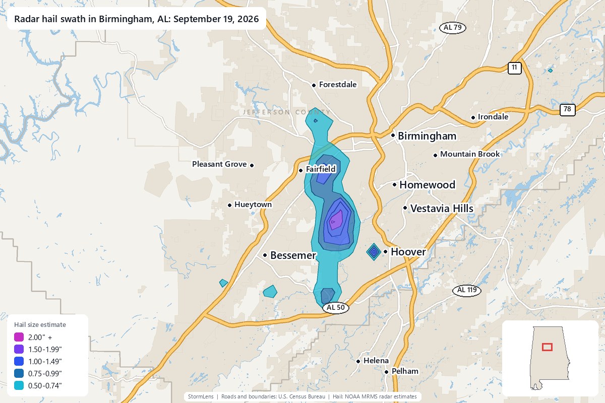 Radar-estimated hail swath in Birmingham, AL on September 19, 2026; colors show estimated hail sizes