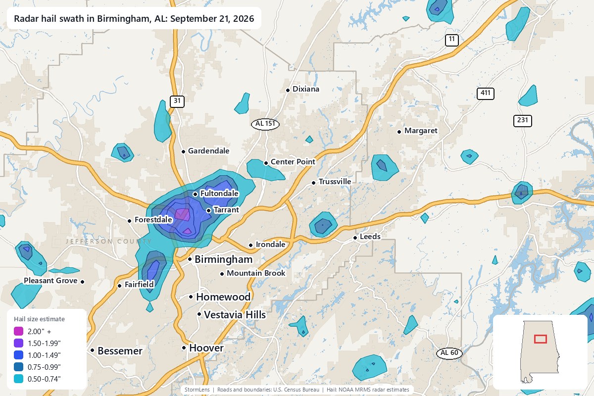 Radar-estimated hail swath in Birmingham, AL on September 21, 2026; colors show estimated hail sizes