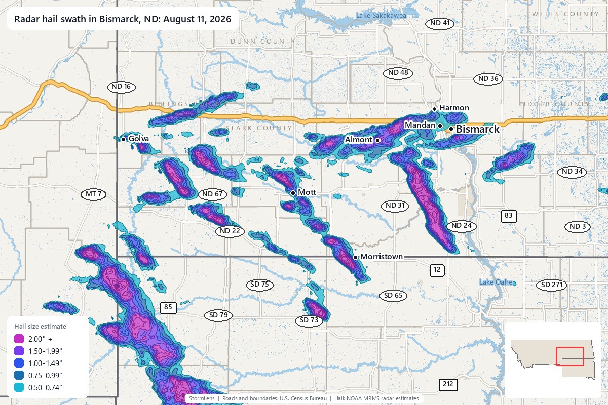 Radar-estimated hail swath in Bismarck, ND on August 11, 2026; colors show estimated hail sizes