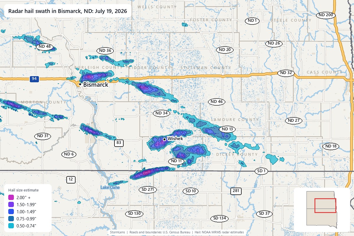 Radar-estimated hail swath in Bismarck, ND on July 19, 2026; colors show estimated hail sizes