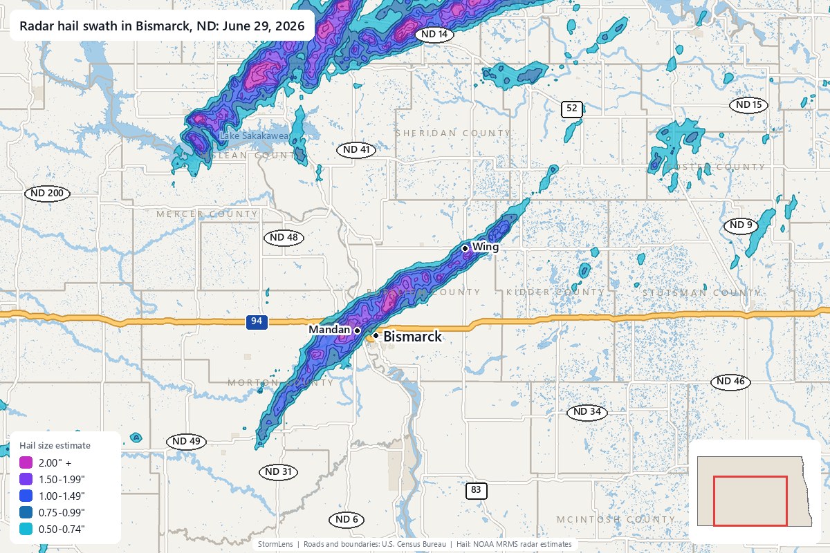 Radar-estimated hail swath in Bismarck, ND on June 29, 2026; colors show estimated hail sizes