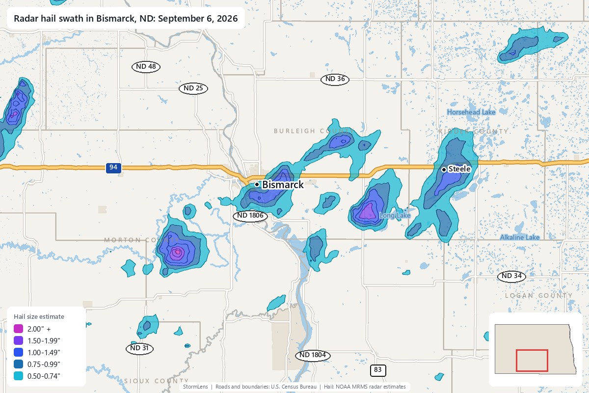 Radar-estimated hail swath in Bismarck, ND on September 6, 2026; colors show estimated hail sizes