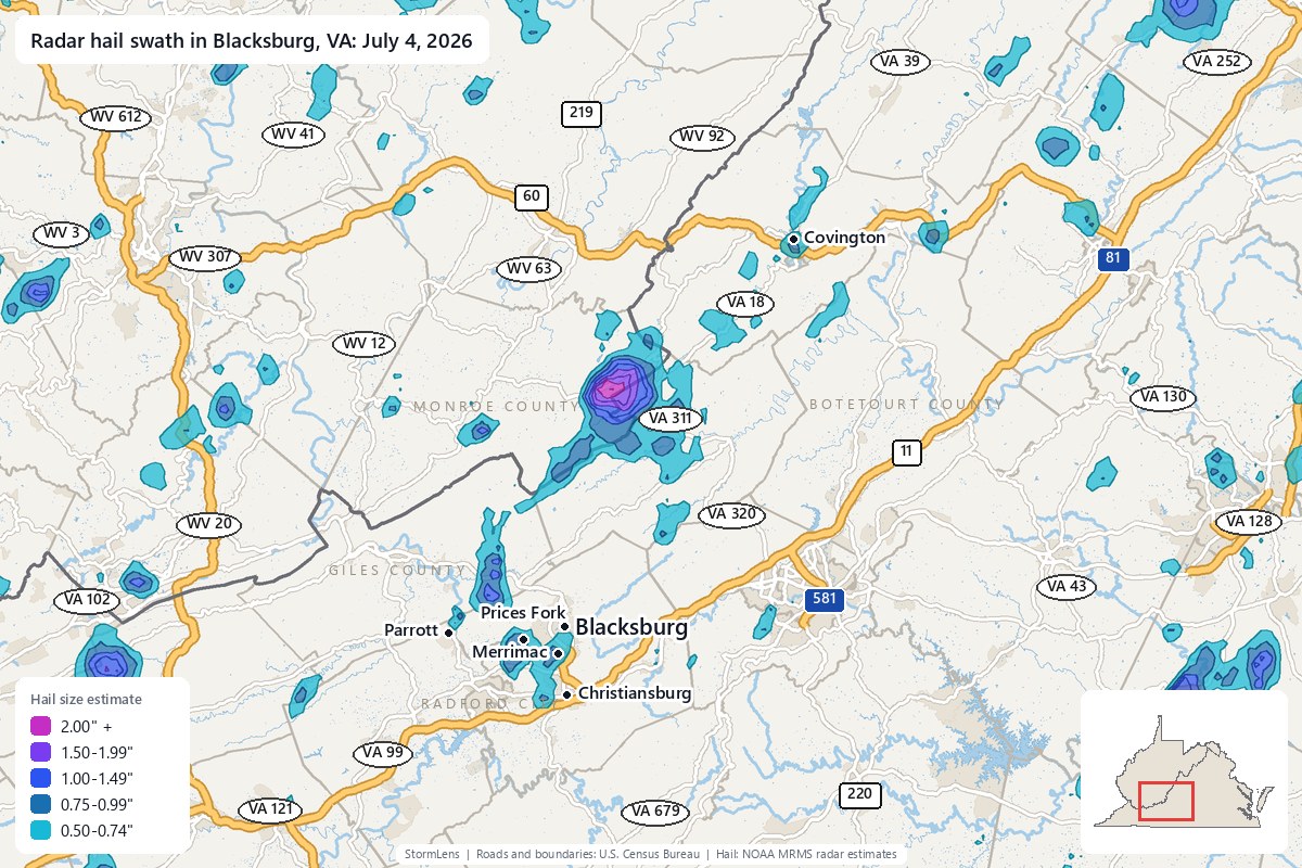Radar-estimated hail swath in Blacksburg, VA on July 4, 2026; colors show estimated hail sizes