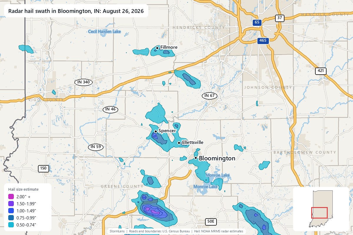 Radar-estimated hail swath in Bloomington, IN on August 26, 2026; colors show estimated hail sizes