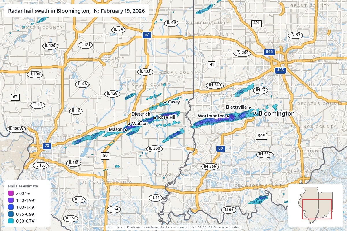 Radar-estimated hail swath in Bloomington, IN on February 19, 2026; colors show estimated hail sizes