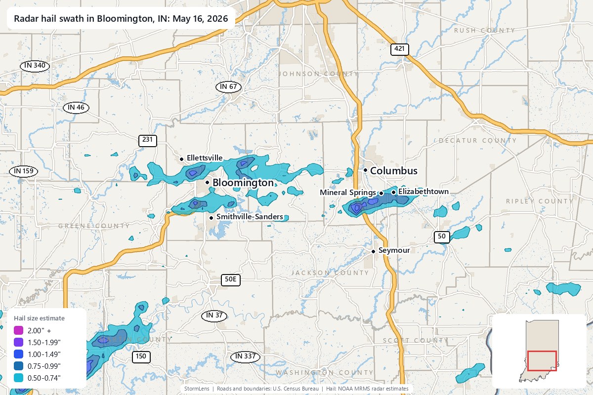 Radar-estimated hail swath in Bloomington, IN on May 16, 2026; colors show estimated hail sizes