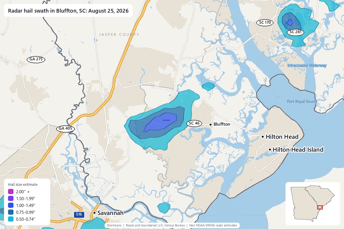 Radar-estimated hail swath in Bluffton, SC on August 25, 2026; colors show estimated hail sizes