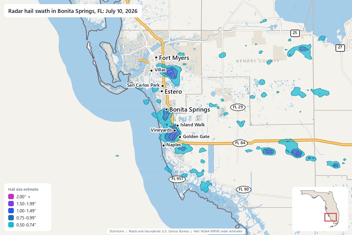 Radar-estimated hail swath in Bonita Springs, FL on July 10, 2026; colors show estimated hail sizes