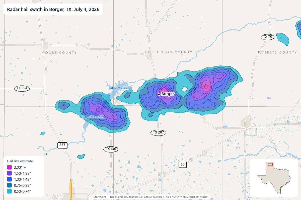 Radar-estimated hail swath in Borger, TX on July 4, 2026; colors show estimated hail sizes
