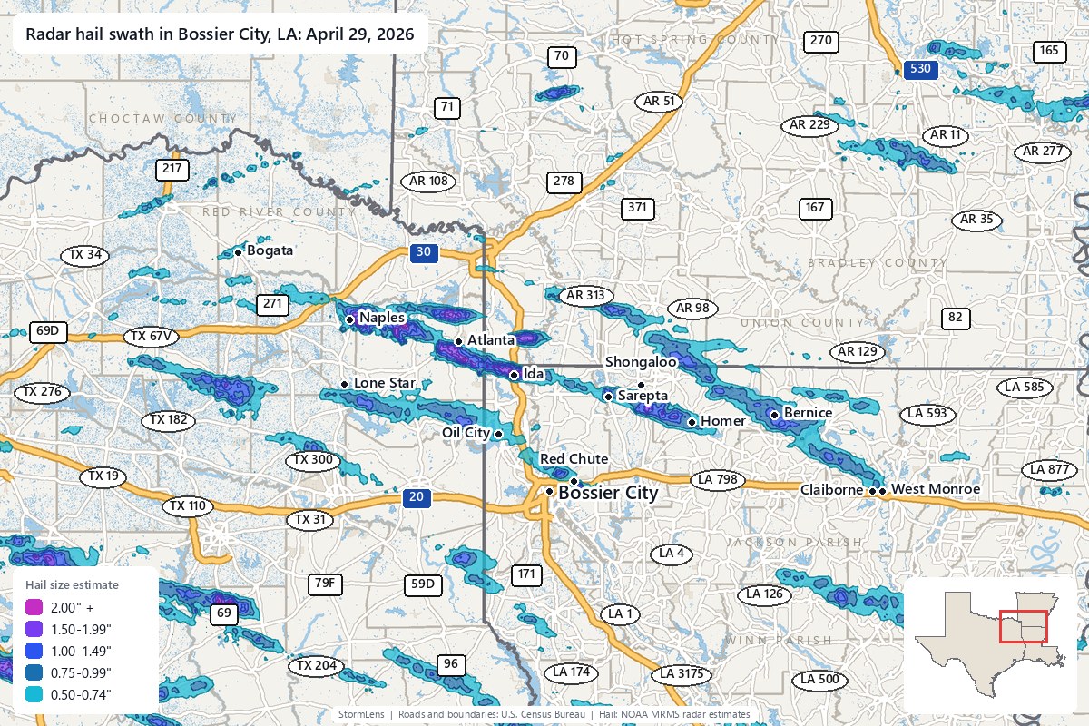 Radar-estimated hail swath in Bossier City, LA on April 29, 2026; colors show estimated hail sizes