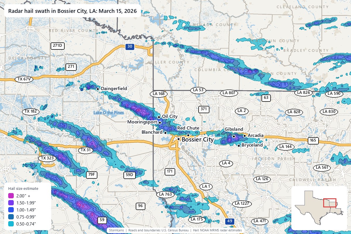 Radar-estimated hail swath in Bossier City, LA on March 15, 2026; colors show estimated hail sizes