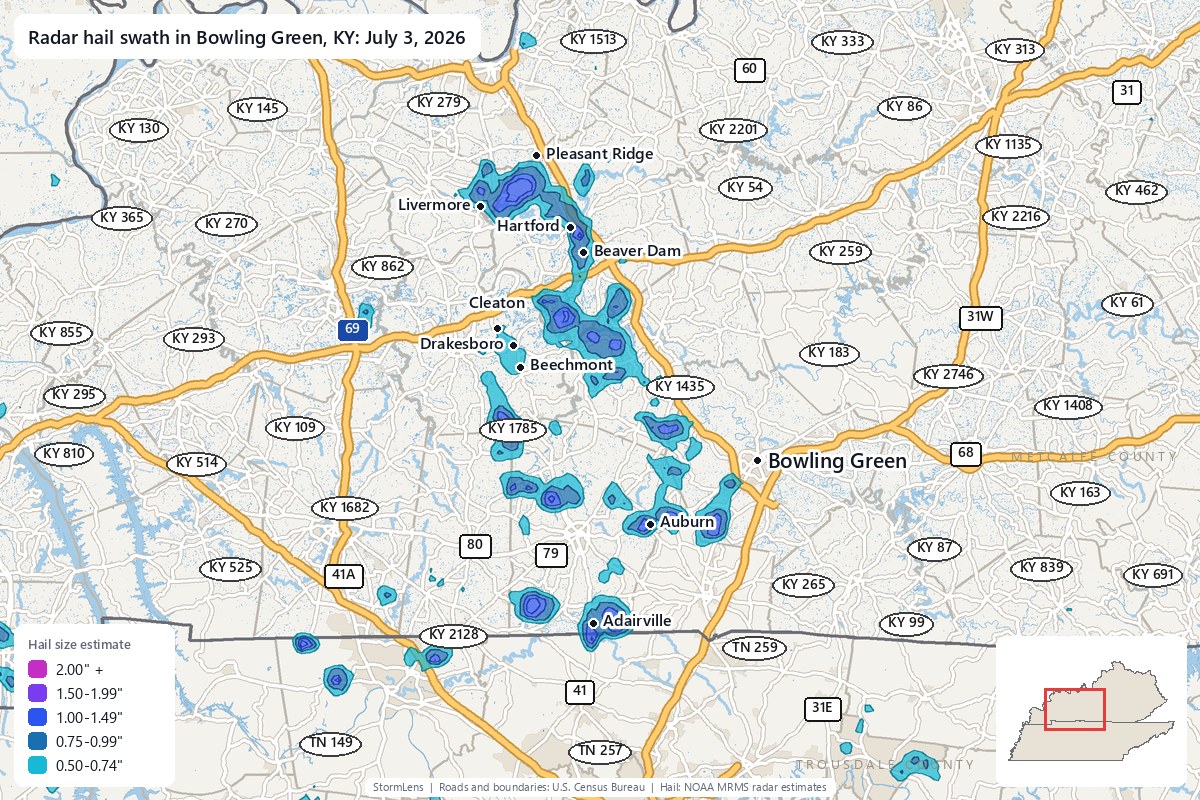 Radar-estimated hail swath in Bowling Green, KY on July 3, 2026; colors show estimated hail sizes