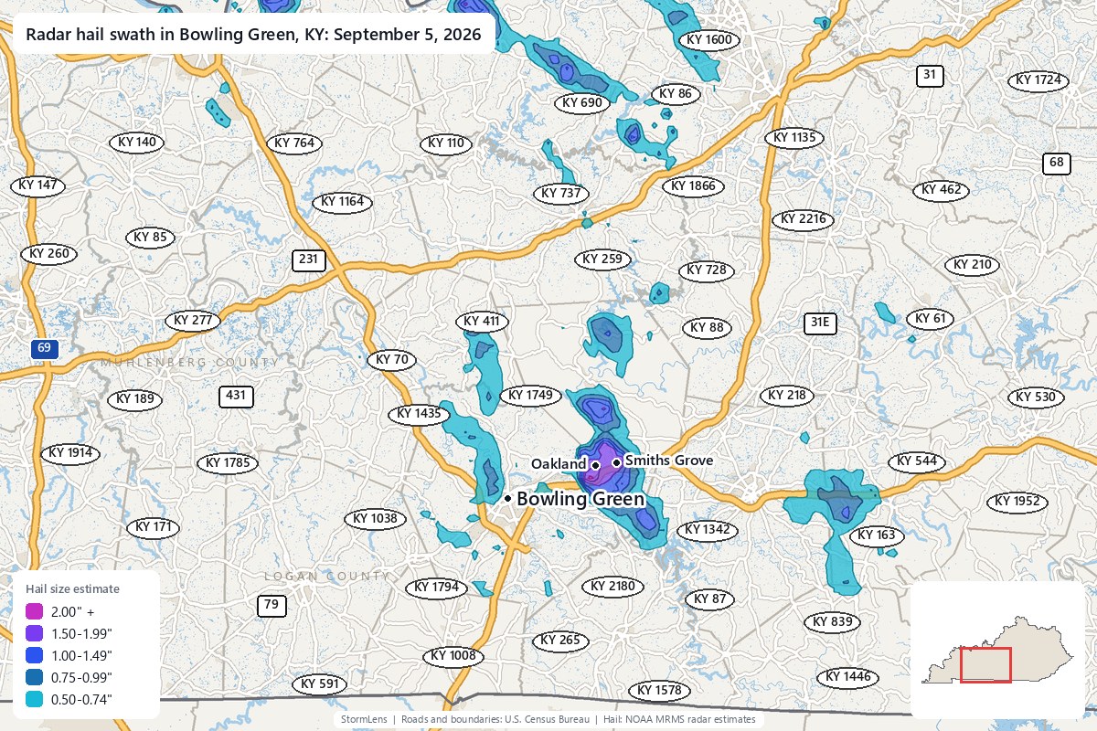 Radar-estimated hail swath in Bowling Green, KY on September 5, 2026; colors show estimated hail sizes