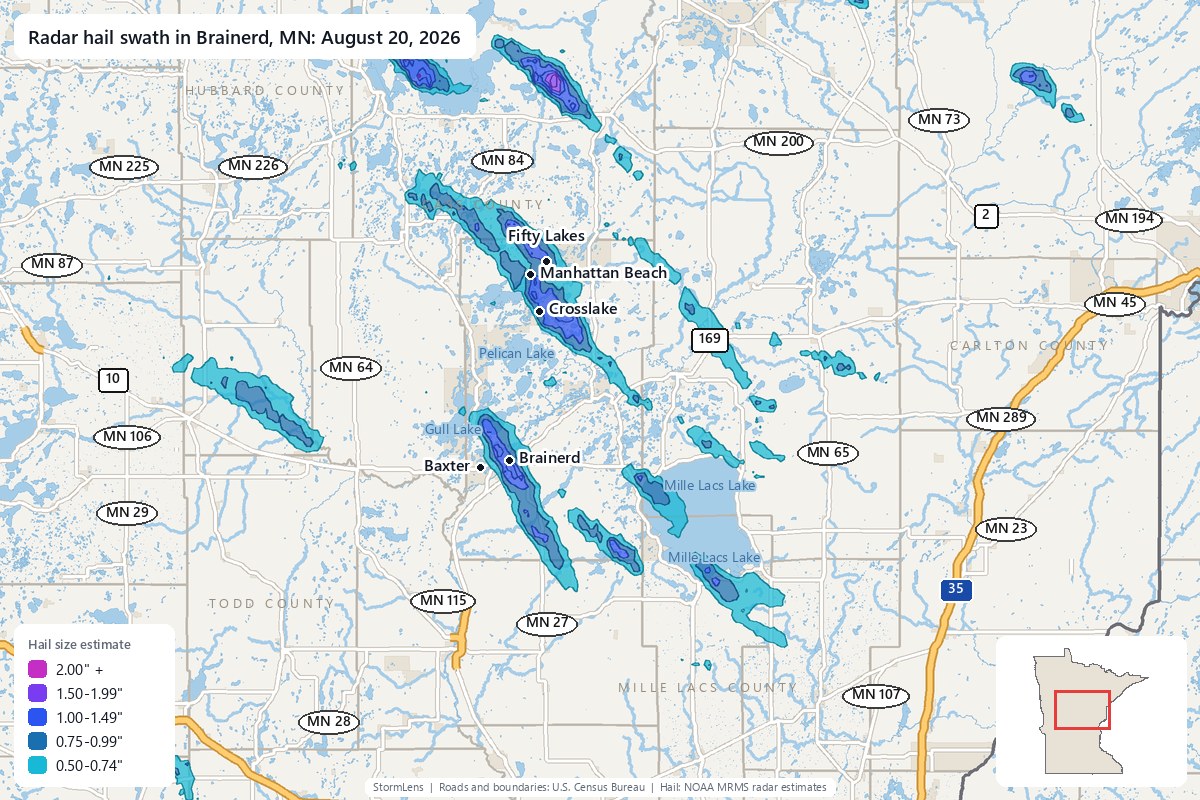 Radar-estimated hail swath in Brainerd, MN on August 20, 2026; colors show estimated hail sizes
