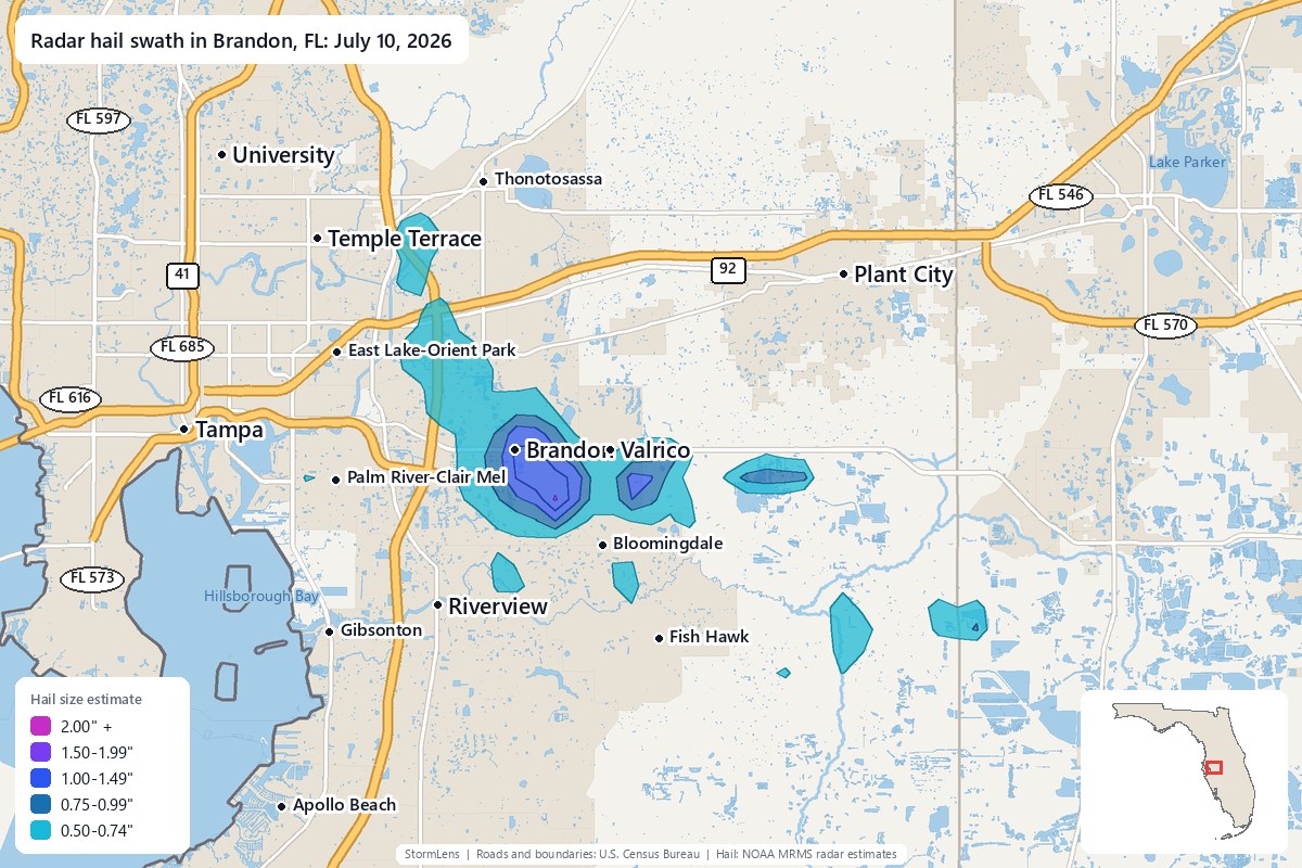 Radar-estimated hail swath in Brandon, FL on July 10, 2026; colors show estimated hail sizes