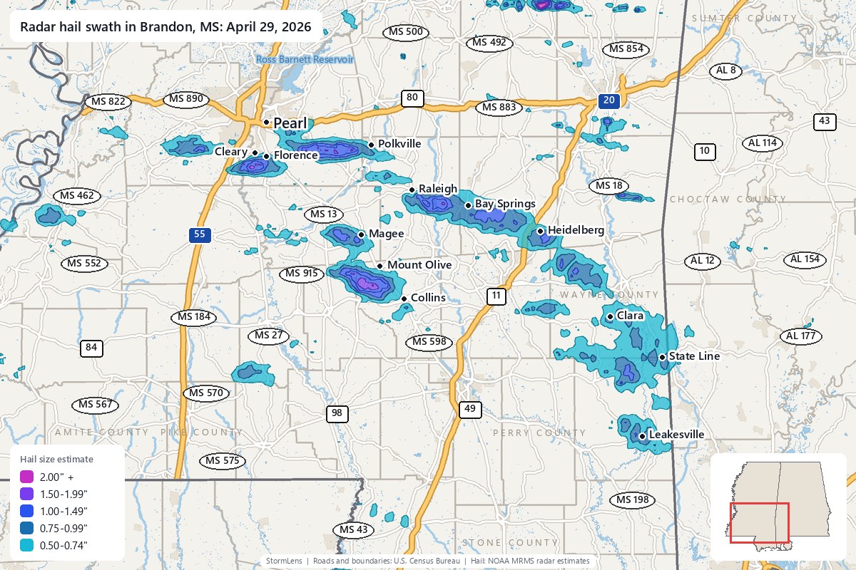 Radar-estimated hail swath in Brandon, MS on April 29, 2026; colors show estimated hail sizes