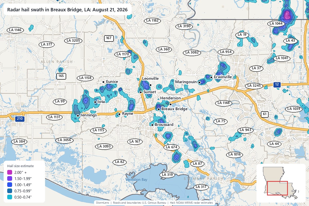 Radar-estimated hail swath in Breaux Bridge, LA on August 21, 2026; colors show estimated hail sizes