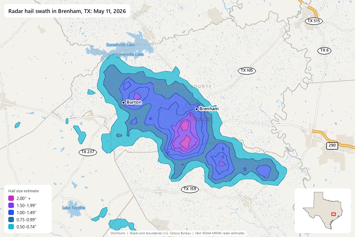 Radar-estimated hail swath in Brenham, TX on May 11, 2026; colors show estimated hail sizes