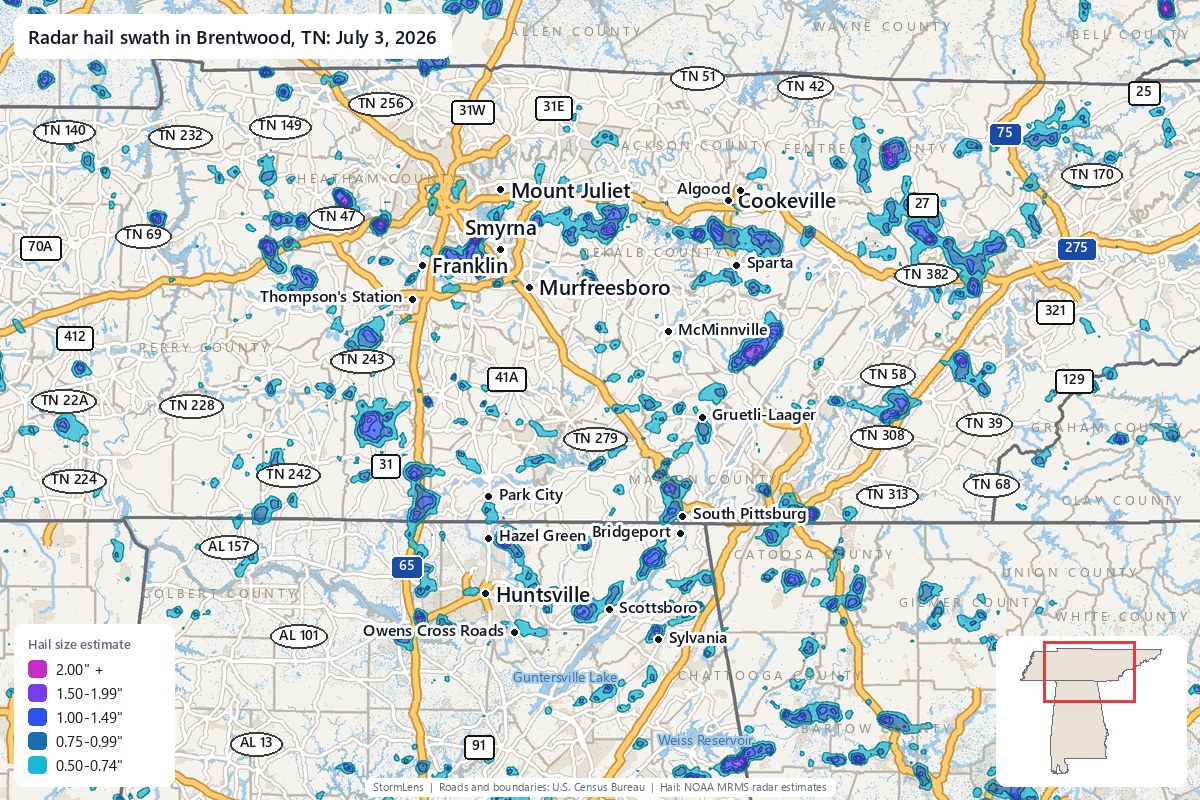 Radar-estimated hail swath in Brentwood, TN on July 3, 2026; colors show estimated hail sizes