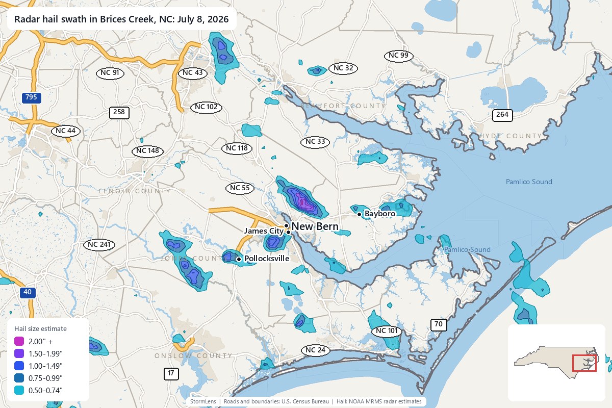 Radar-estimated hail swath in Brices Creek, NC on July 8, 2026; colors show estimated hail sizes