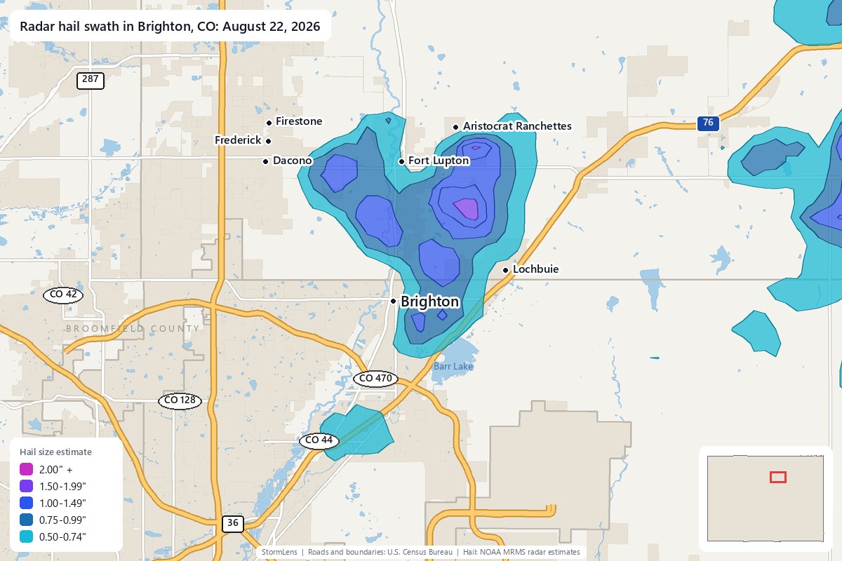 Radar-estimated hail swath in Brighton, CO on August 22, 2026; colors show estimated hail sizes