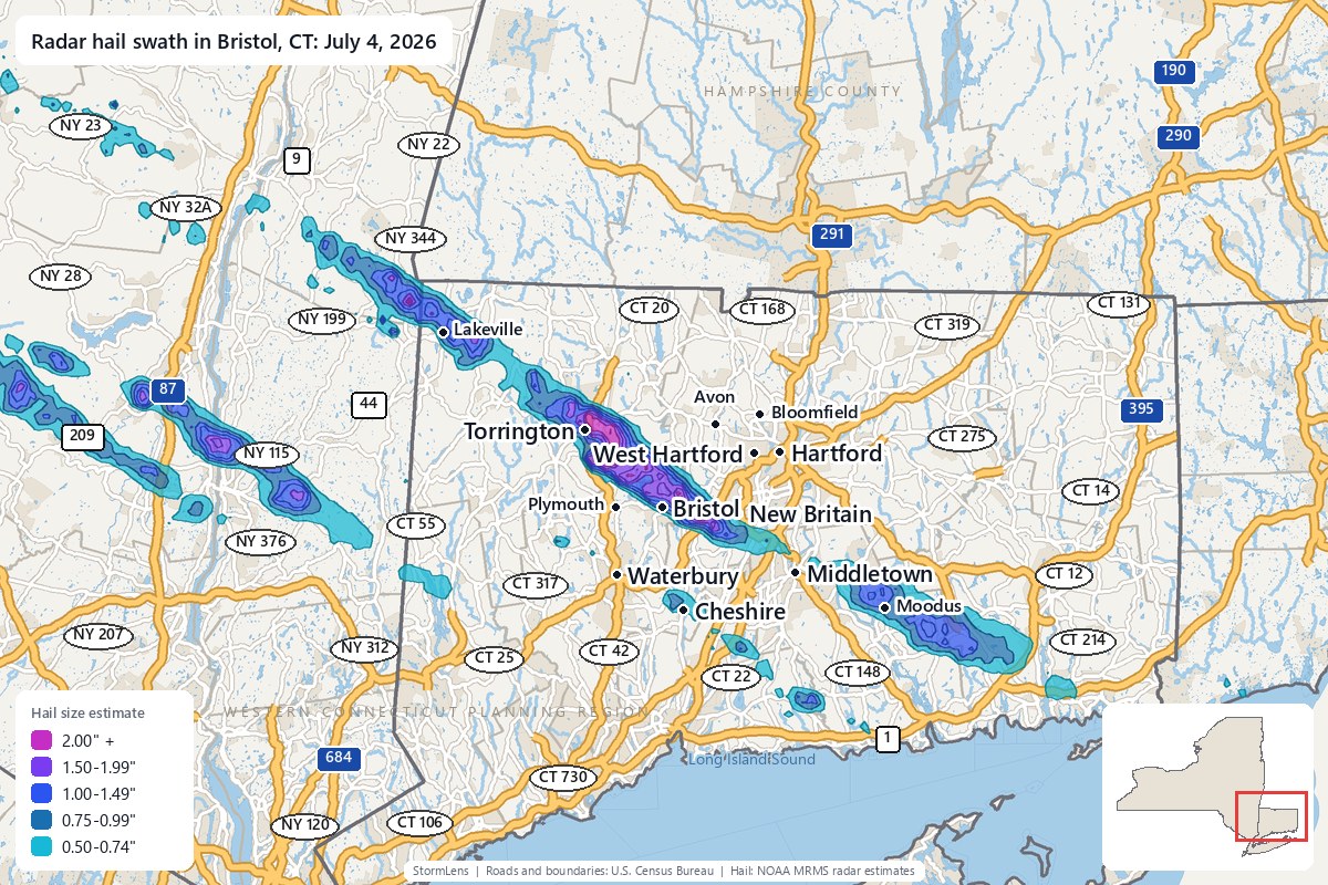 Radar-estimated hail swath in Bristol, CT on July 4, 2026; colors show estimated hail sizes