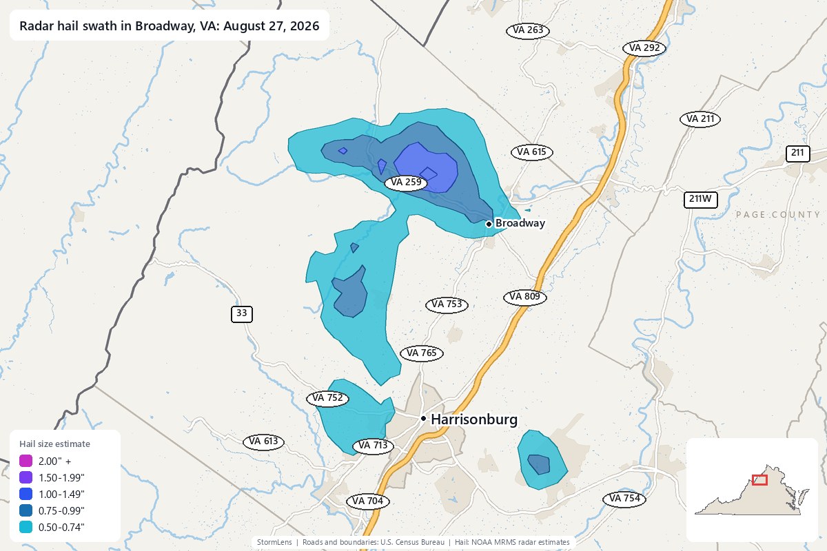 Radar-estimated hail swath in Broadway, VA on August 27, 2026; colors show estimated hail sizes