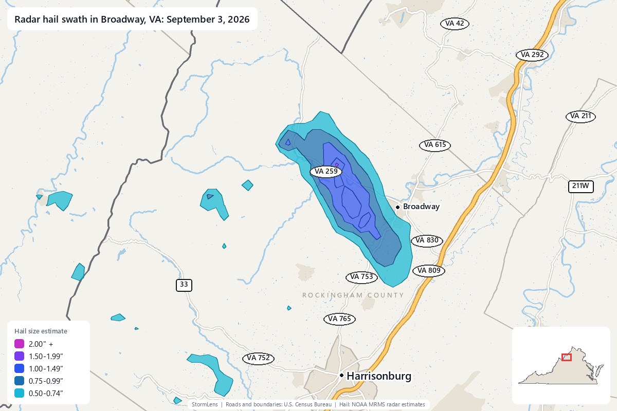 Radar-estimated hail swath in Broadway, VA on September 3, 2026; colors show estimated hail sizes