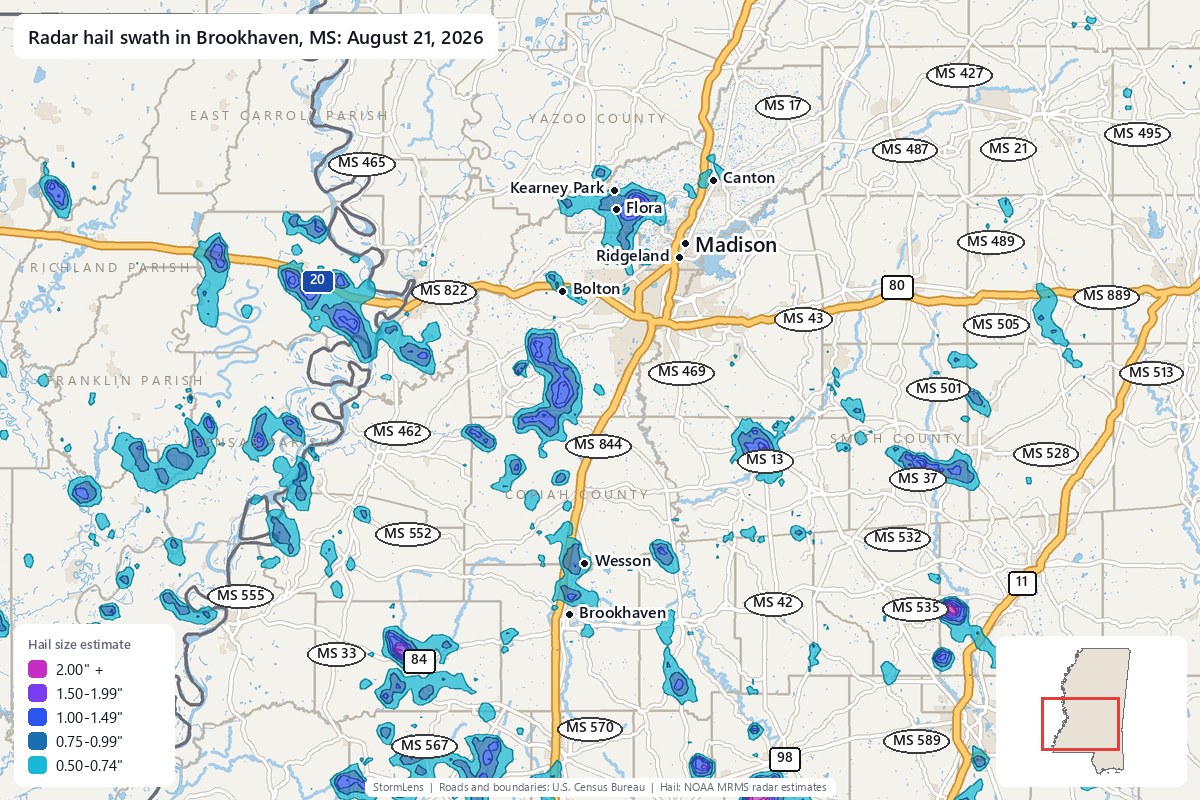 Radar-estimated hail swath in Brookhaven, MS on August 21, 2026; colors show estimated hail sizes